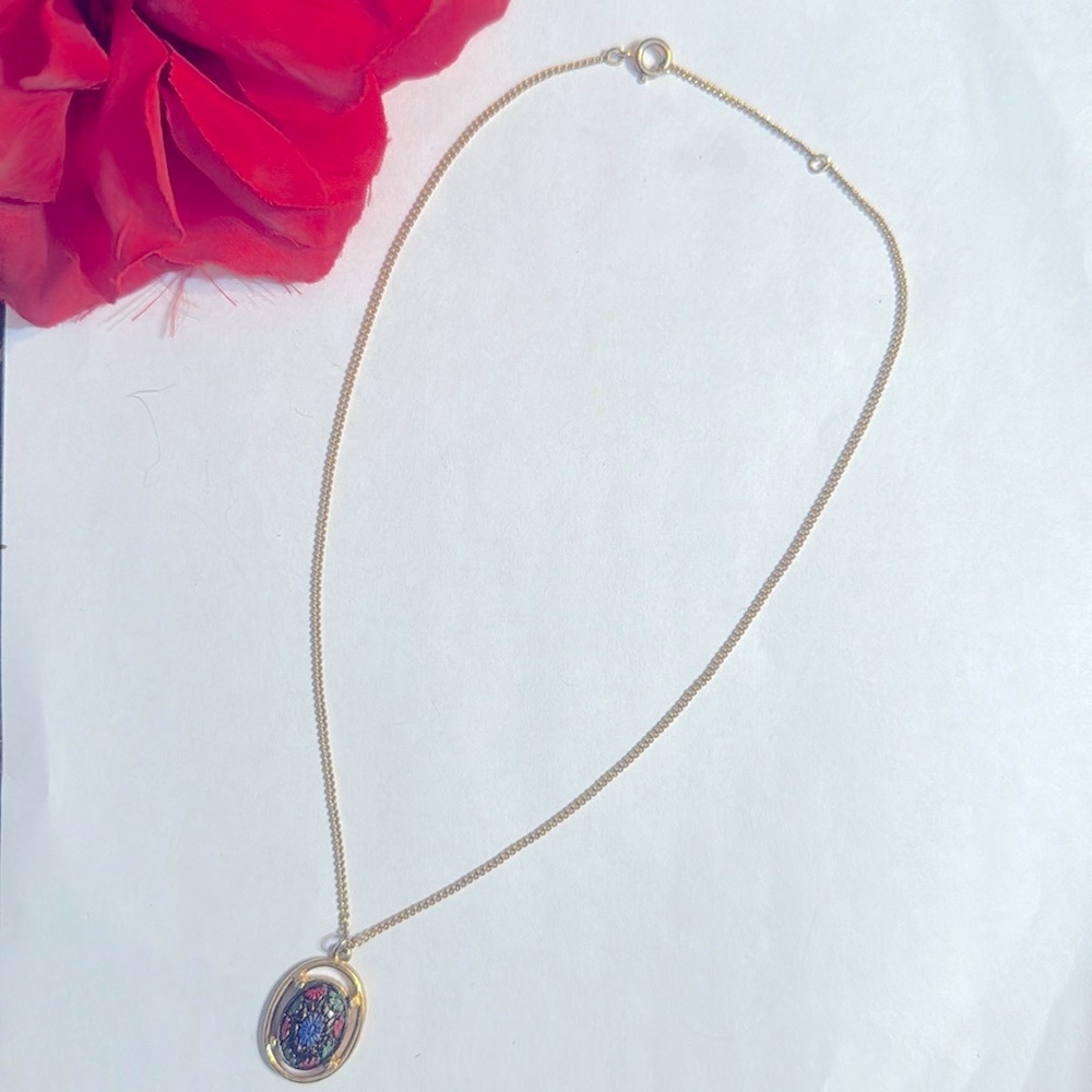 Vintage Sarah-Coventry Necklace Flower Enamel Mosaic Pendant Gold Tone 16-17"